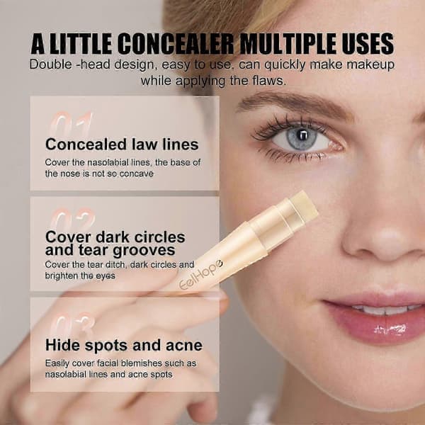 Double-Headed Concealer Stick - Brightening, Waterproof, Full Coverage for Dark Circles, Blemishes & Acne Marks with Double-Sided Sponge & Brush