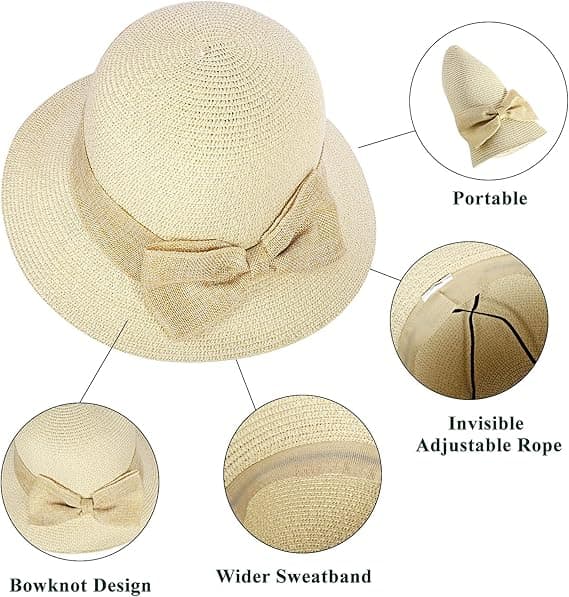 Adjustable Summer Hat for Women, Foldable, with Curly Bow, Suitable for All Occasions, Sun Hat, Sun Protection (Beige)