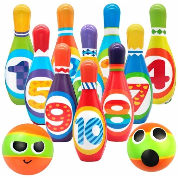 Pedagogiska leksaker, födelsedagsspel för barn 3+, mjuka 10 färgglada skumkäglor för inomhusbruk, tyst lek med unisex bowling set, utvecklar motoriska färdigheter