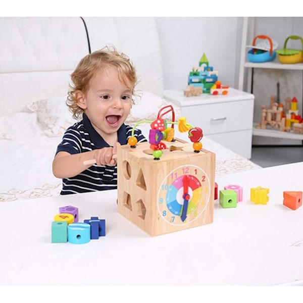 Pedagogisk Byggleksakscenter, Montessori STEM-inlärning, 5-i-1 Multifunktionella Spel för Småbarn med Fruktformade Pärlor, Träform