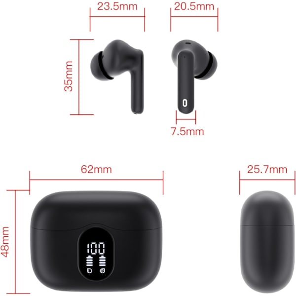 Trådlösa hörlurar, Bluetooth 5.3, stereobas, hörlurar med brusreducerande mikrofon, LED-display, IP7 vattentäta in-ear