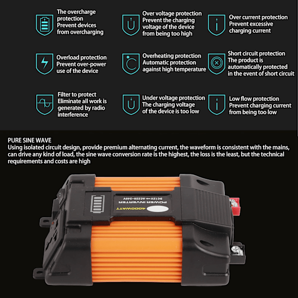 4000W Modifisert Sinus Bølge Inverter Kjøretøy Solar Inverter med LED Batteri Display Skjerm Dual USB Porter