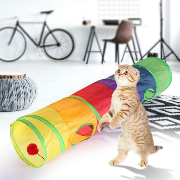 Pet Cat Polyester Sammenleggbar Flerfarget Single Pass Tunnel med plysjballleketøy