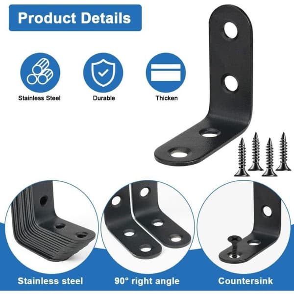 12 Pieces 40mm x 40mm Fastening Brackets, Black Right Angle Brackets, L-shaped Supports, 40mm Angle Brackets