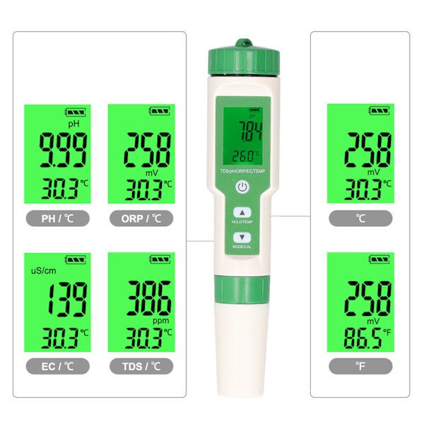 PH-tester med baggrundsbelysning Digital vandkvalitetsmåler Høj nøjagtighed 5 i 1 PH TDS EC ORP temperaturdetektor