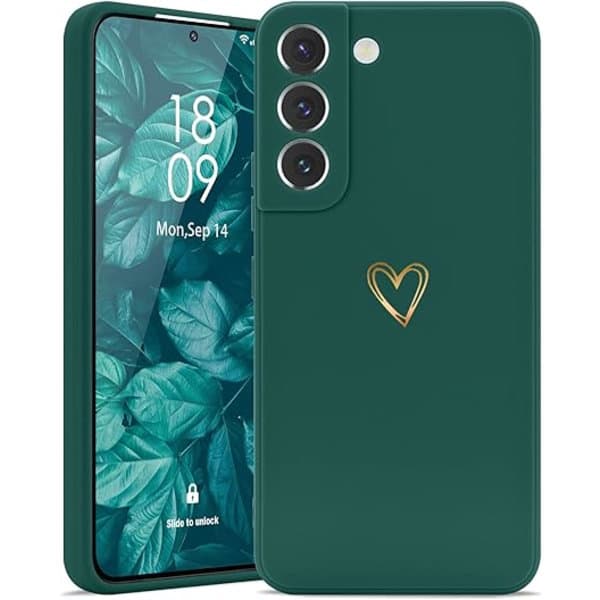 (Green) Case compatible with Samsung S22 Shockproof Silicone TPU Case with Cute Golden Love Pattern Soft Full Protective Case for Samsung Galaxy