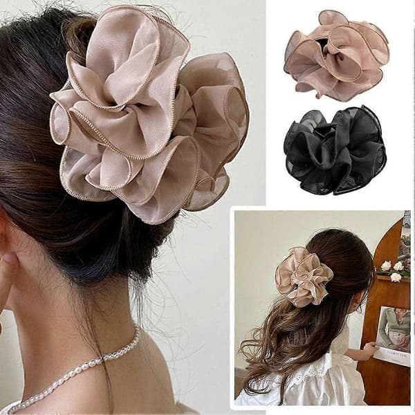 Stor Chiffon Blomster Hårklemme med Stofbånd Rose til Kvinder, Sikkert Greb til Tykt Hår[TT]