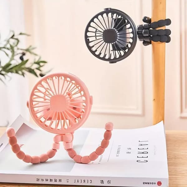 Flexible Stroller Fan - Portable Fan with Battery, Rechargeable with 3 Speeds, for Stroller, Bed or Office blue black