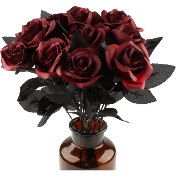 10 pakke sort rose kunstig blomst enkelt stilk falske silkeblomster brude bryllupsbuket, realistisk blomstrende flora til hjemmehavefest Hotelkontor Black and red