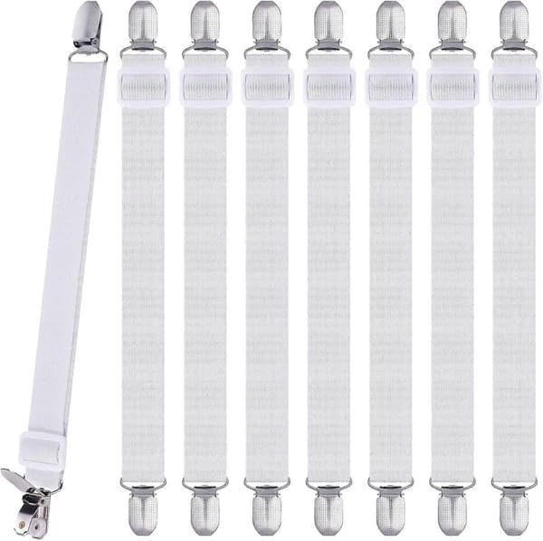 8 Pieces Sheet Holders, Adjustable Sheet Straps, High Elastic Sheet Bands with Clips, Sheet Fasteners Max Stretch 120cm White White