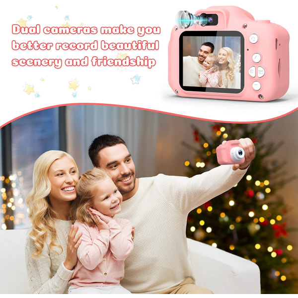 Støtsikkert selfie-barnekamera, beste bursdagsgaver til småbarn, dobbeltkamera for barn i alderen 3-10, HD digital video med 32 GB SD-kort, julebarneleke for Pink