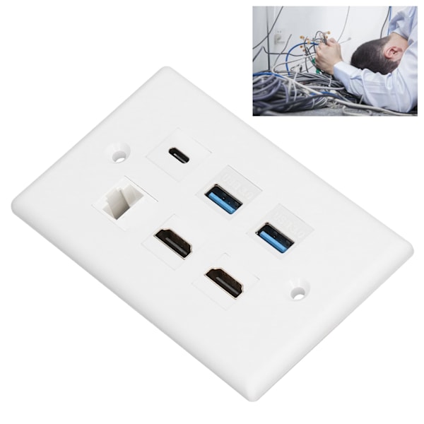 6-ports vägguttag 2xHD Multimedia Interface 2xUSB3.0 1xType C 1xCat6 Ethernet vägguttag för TV-projektor dator