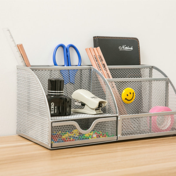 Kontorskrivebord med 6 rom og blyantholder | Silver$Office Desk Organizer og tilbehør, Mesh Desk Organizer med 6 rom +