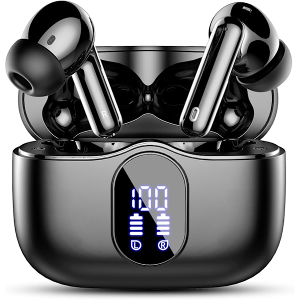 Trådlösa hörlurar, Bluetooth 5.3, stereobas, hörlurar med brusreducerande mikrofon, LED-display, IP7 vattentäta in-ear
