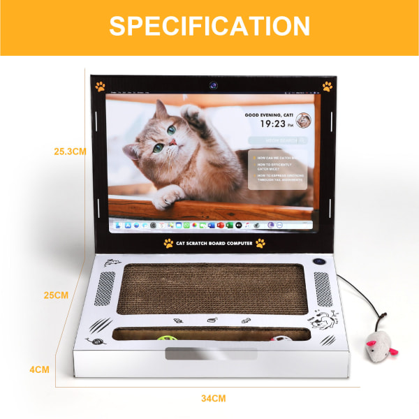 Kartong Cat Scratcher, Laptop Scratcher Cat Toy, 3-i-1 Laptop Scratcher Cat Toy med interaktiv plysjmus Cat Teaser og Ball Track Pad Leke,