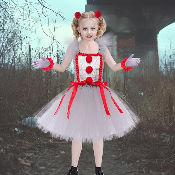 Penwise Clown Halloweenkostym för flickor, läskig klänning Cosplay, storlek Medium M