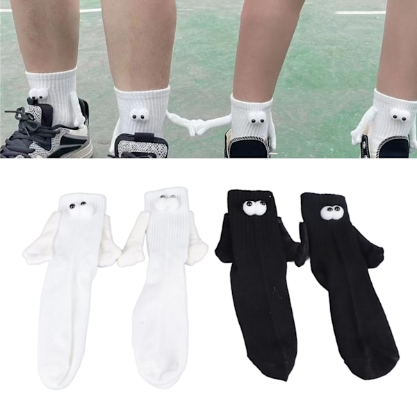 2 Pair Funny Magnetic Suction 3D Doll Couple Socks Funny Holding Hands Socks for Couple Black and White