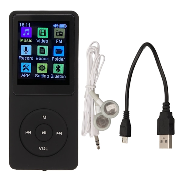Digital musikspelare 1,8 tums LCD-skärm Stöd för litet minneskort Ultratunn MP3 MP4-spelare med tillbehör Svart