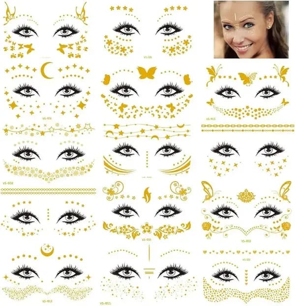 14 Sheets Temporary Face Tattoos, Face Stickers Glitter Metallic