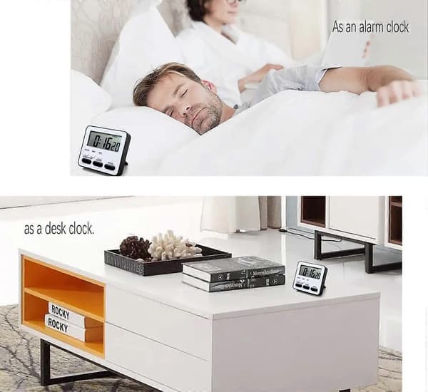 Køkkentimer - Nedtælling/Alarm, 24-timers display, magnetisk bagside og udtrækkelig stand (sort)
