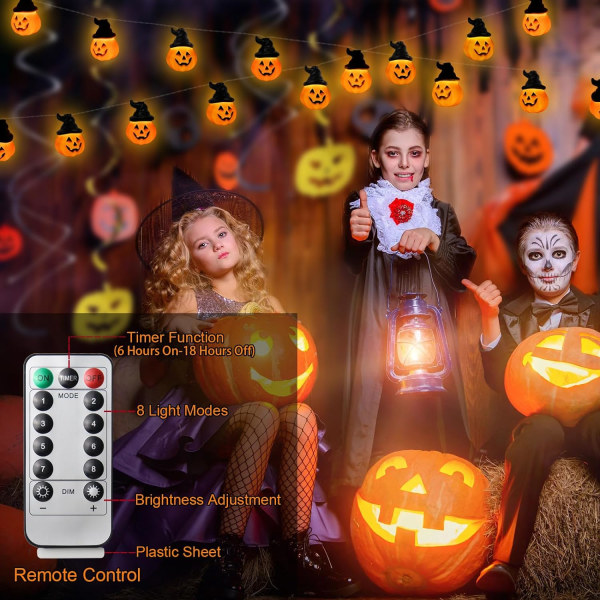 Halloween pumpaslingor med häxhatt, 30 LED 14.7FT 8 lägen Timer 3D Vattentät Orange Jack-O-Lantern Batteridrivna flimmerljus