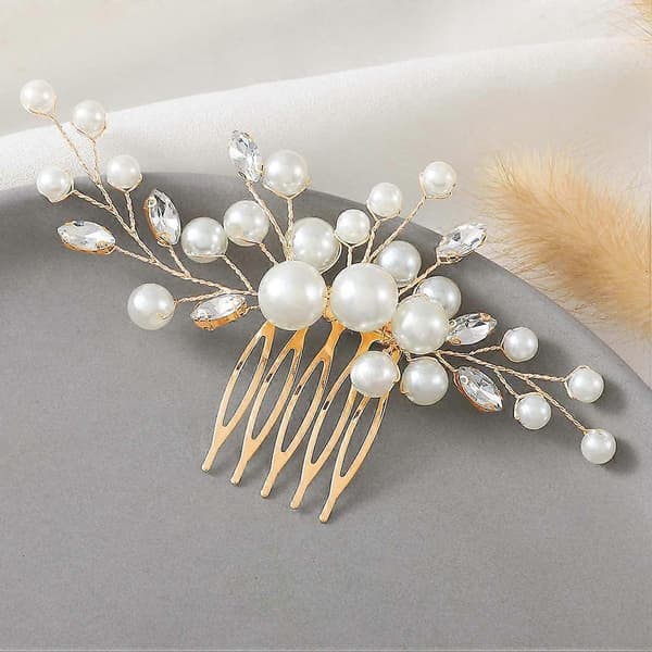 Guldbrudshårkam med pärlor och strass – Elegant bröllopshåraccessoar för brudar