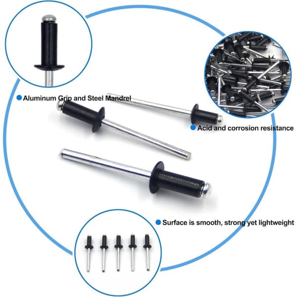 100 Pieces 4.8 x 12 mm Aluminum Blind Rivets, Open Rivets, Pop Rivets, 100-Pack (Black)