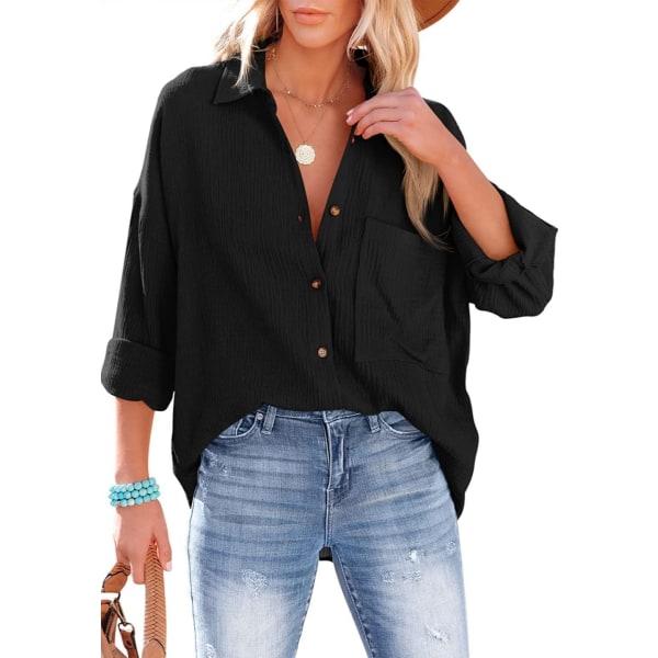1 STK skjorte med knapper til kvinder - sort black L