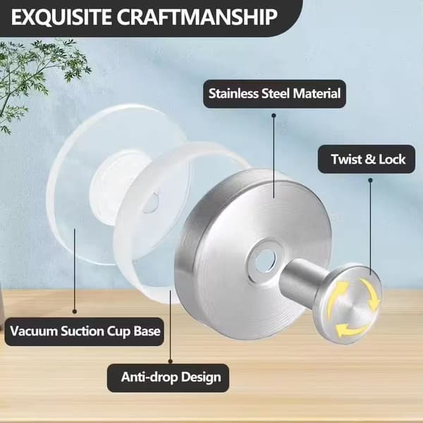 Suction cup with vacuum, 2 suction cup hooks for wall, stainless steel suction cup for bathroom, waterproof, removable, reusable (Silver) silver