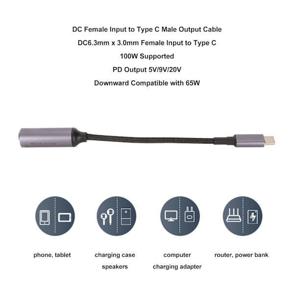 DC 5.5mmx2.1mm Hona Ingång till Typ C Hane PD Laddningskabel 100W DC5521 till USB C Kabel med PD Automatisk Identifieringschip