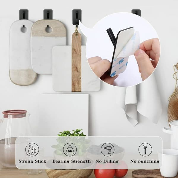 Self-adhesive wall hook, 4 self-adhesive hooks, wall hook, for kitchen, bathroom, office, kitchen hook for hanging towels, hats, Upper and lower hook black