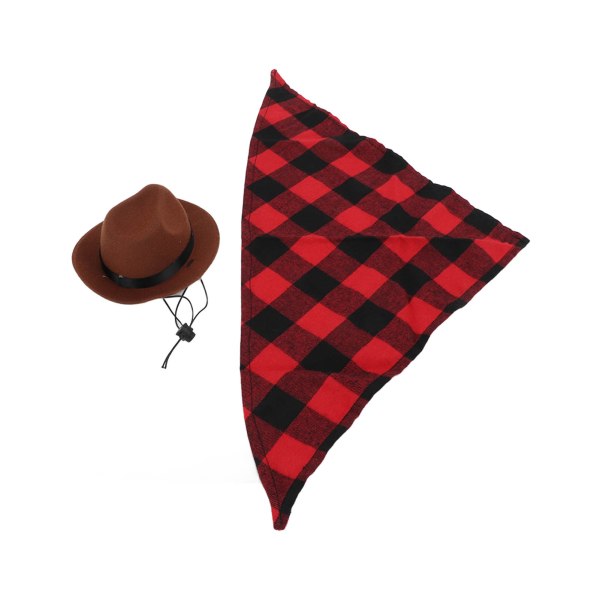 Koiran Cowboy-hattu ja -huivi säädettävä lemmikki Cowboy- set Halloween-bileisiin (ruskea punainen ruudukko)