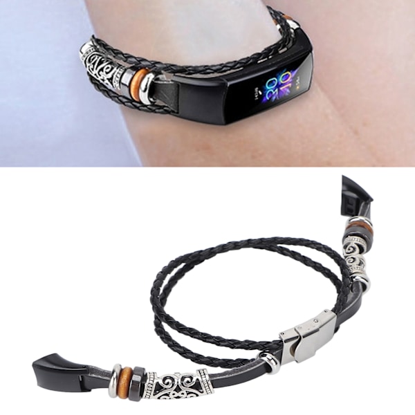 Retro Sportklocka Armband Metallpärlor Läder Armbandsur Ersättning för Honor 5 4 Svart