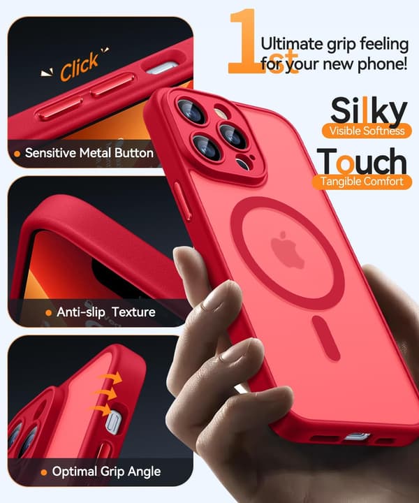 Magnetic Case for iPhone 16 Pro Max with Full Camera Protection [MagSafe Compatible] [Transparent Matte] Protective Phone Case, Hot Pink Red[TT] Red iPhone 13 Pro Max