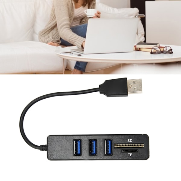 USB2.0 Hub Minneskortläsare Höghastighetsöverföring Plug and Play Enkel Åtkomst USB-Splitter Svart