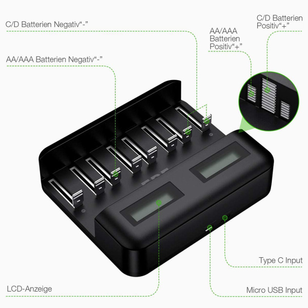 LCD universal batterilader - 8-felts AA/AAA/C/D batterilader for oppladbare batterier med 2A USB-port, Type C-inngang, raskt AA/AAA-batteri Style 1