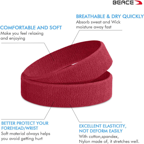 3Pack svettband Sportpannband för män och kvinnor - fuktavledande atletisk bomullsfrotté svettband för tennis, basket, löpning, gym, Black/Gray/Maroon