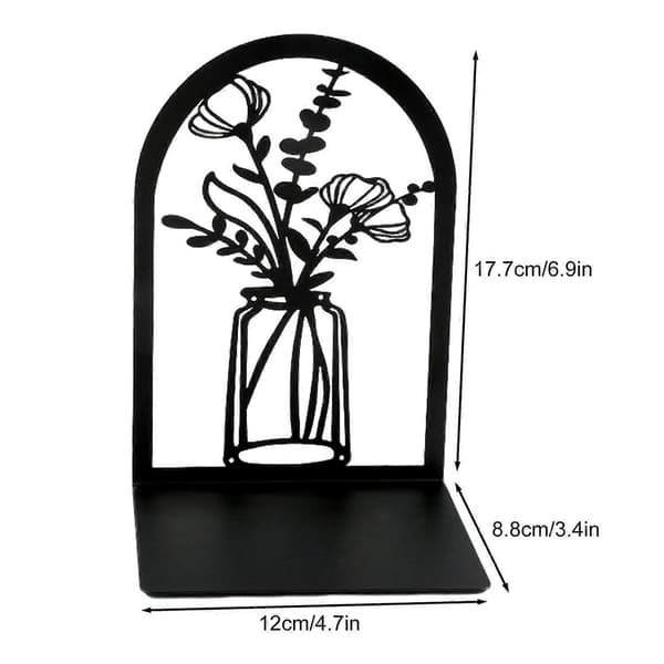 2 stk. bokstøtter for bokhylle, utskåret blomstermønster, vase-design, L-formet, sklisikre E
