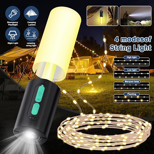 Campinglys, 33 fod lys med lanterner (4 i 1 design), campinglys 2000 mAh oplader, 7 tilstande, IPX6 vandtæt, genopladelige lommelygter til