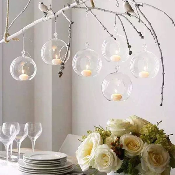 6X hængende glas te lysestager, romantisk udsmykning med levende lys Bryllupsrestaurant, boligdekoration glaskugle, jule-/fødselsdagsdekorationer 10cm
