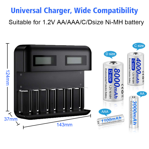 LCD universal batterilader - 8-felts AA/AAA/C/D batterilader for oppladbare batterier med 2A USB-port, Type C-inngang, raskt AA/AAA-batteri Style 1