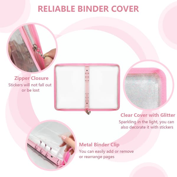 Reusable A5 Sticker Album with 220 Secure Pockets and Zipper, Portable Collection Binder for Display and Storage, Pink Pink