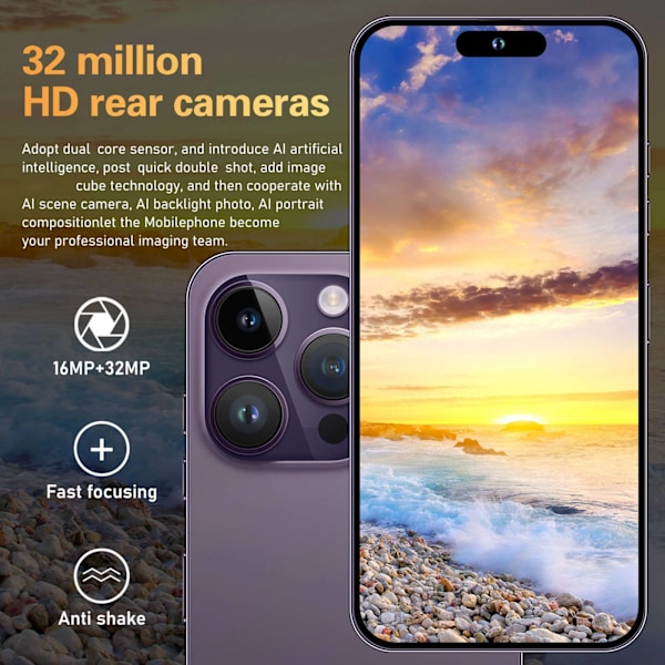 Olåst Mobiltelefon 4G 6,7 Tum HD Kapselskärm 8GB RAM 256GB ROM 16MP Front 32MP Bakre Kamera Ansiktsigenkänning Smartphone för Android 12 100 till