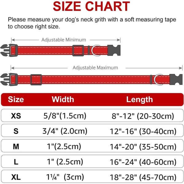 Nylon Dog Collar with Reflective Strip, Classic Padded Collar for Medium Dogs, Red, M