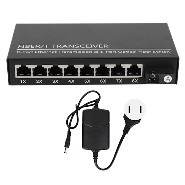Tx1310nm RX1550nm Fiber Transceiver Upp Till 25km 1 Optisk Port 8 Elektriska Portar Single Mode Ethernet Fiber Switch 100‑240V