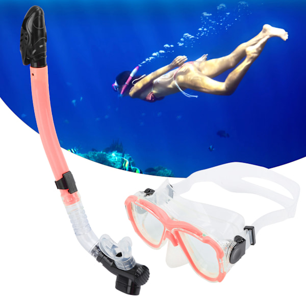 Voksne Snorkelsett AntiFog Dykkedeksel Herdet Glass Briller med Tørr Topp Snorkelrør (Rosa)