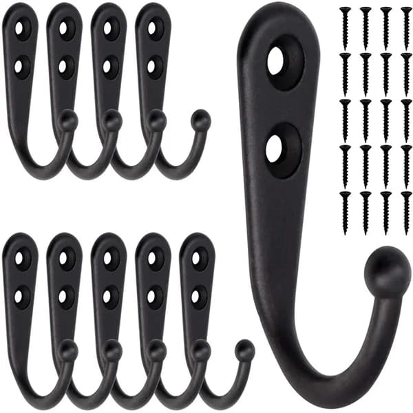 10 Wall Hooks with Screws - Coat Hanger Black black