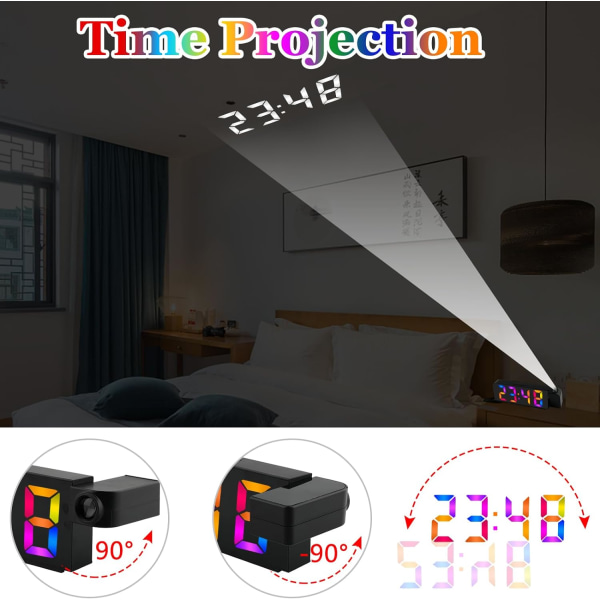 Projektionsväckarklocka, LED digital display väckarklocka, 180° roterbar projektor digital klocka med USB laddning, 60 minuters snooze, minne