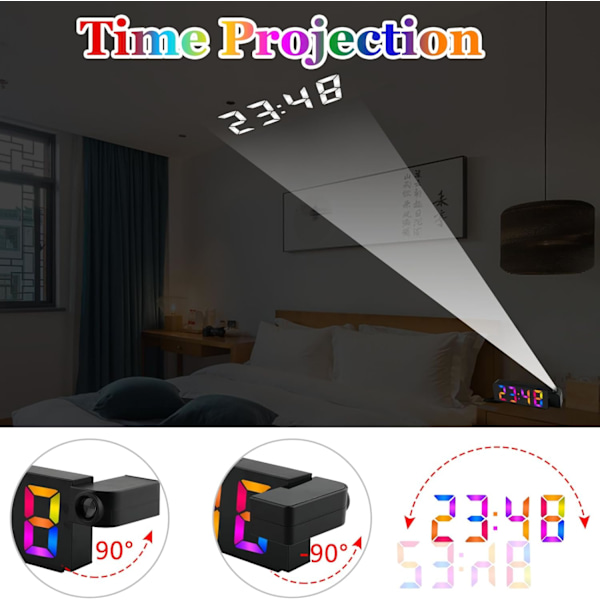 Projektionsvækkeur, LED digitalt display-vækkeur, 180° roterbart projektor digitalt ur med USB-opladning, 60 minutters snooze, hukommelse