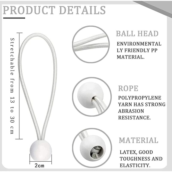 Pakke med 50 elastiske strammere, elastiske snore med kugler, elastiske snore, elastiske kugler til festtelte, telte, bannere og